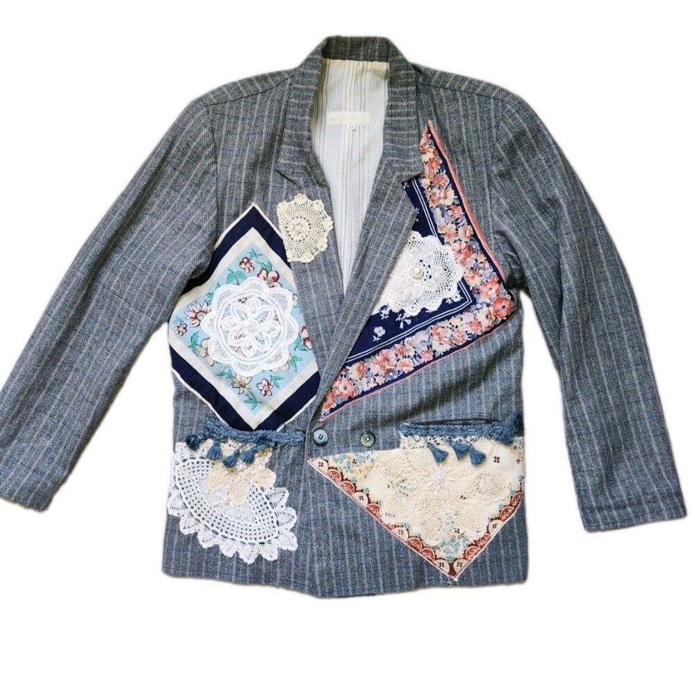 Vintage Patchwork Blazer Jacket Womens 44 Gray Pinstripe Lace Scarf Panel Boho